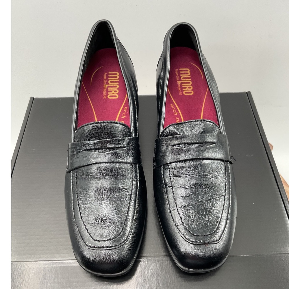 Munro American Black Leather Penny Loafer Block Heel Pumps 8.5N M311681